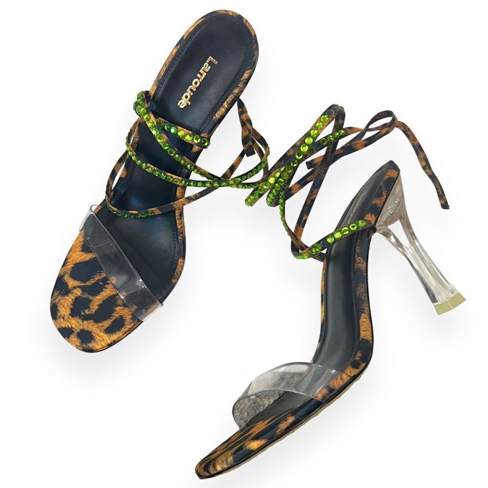 Larroude Disco Gloria Leopard-Print Wrap Sandals Heels Embellished Women Size 8